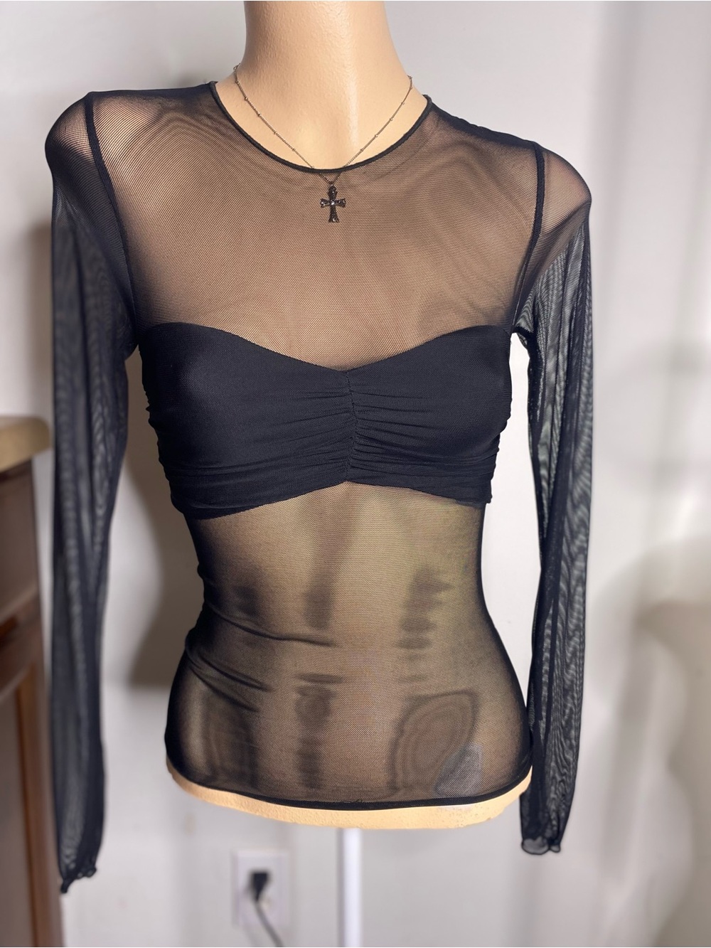 West of Melrose Sheer Black Long-Sleeve Mesh Top with Built-In Bandeau